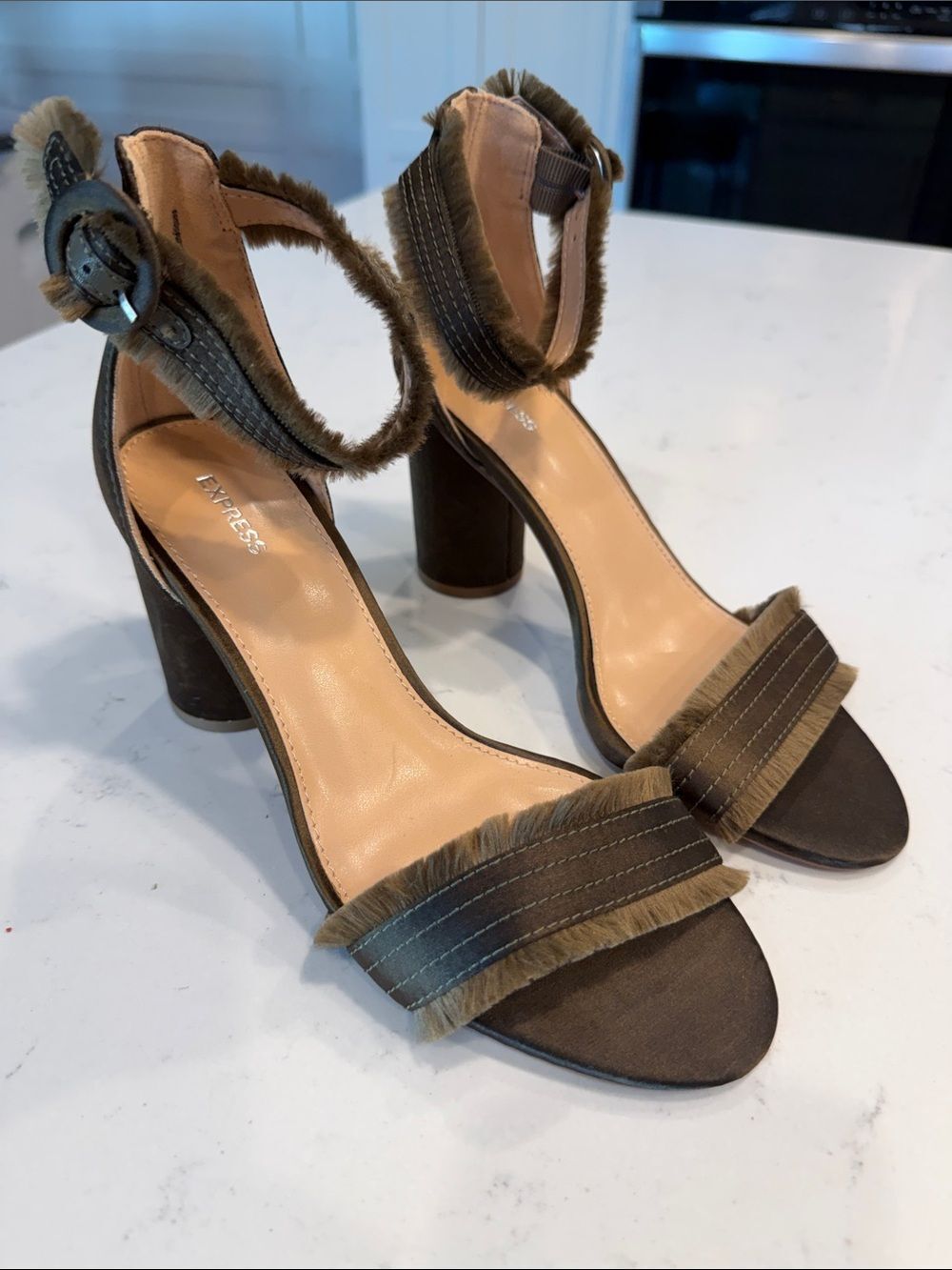 Express Olive Brown Fur-Trim Block Heel Sandals